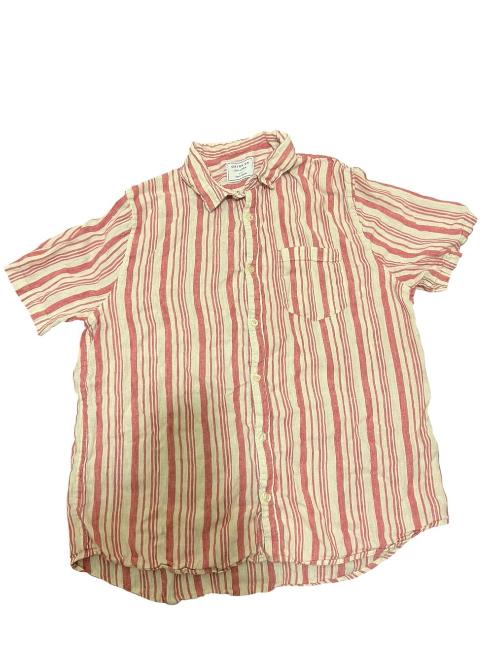 Cotton On 100% Linen Striped Short Sleeve Shirt Red White Large